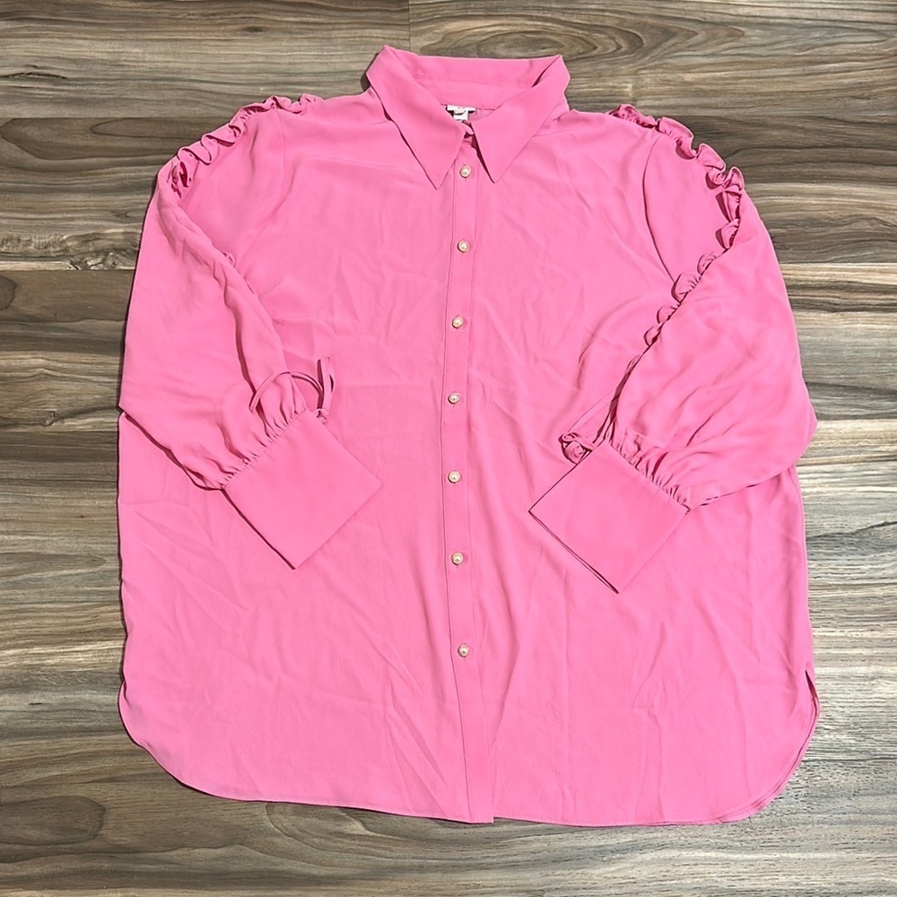 River Island Plus Long Sleeve Ruffle Trim Blouse Pearl Button Front - Size 28